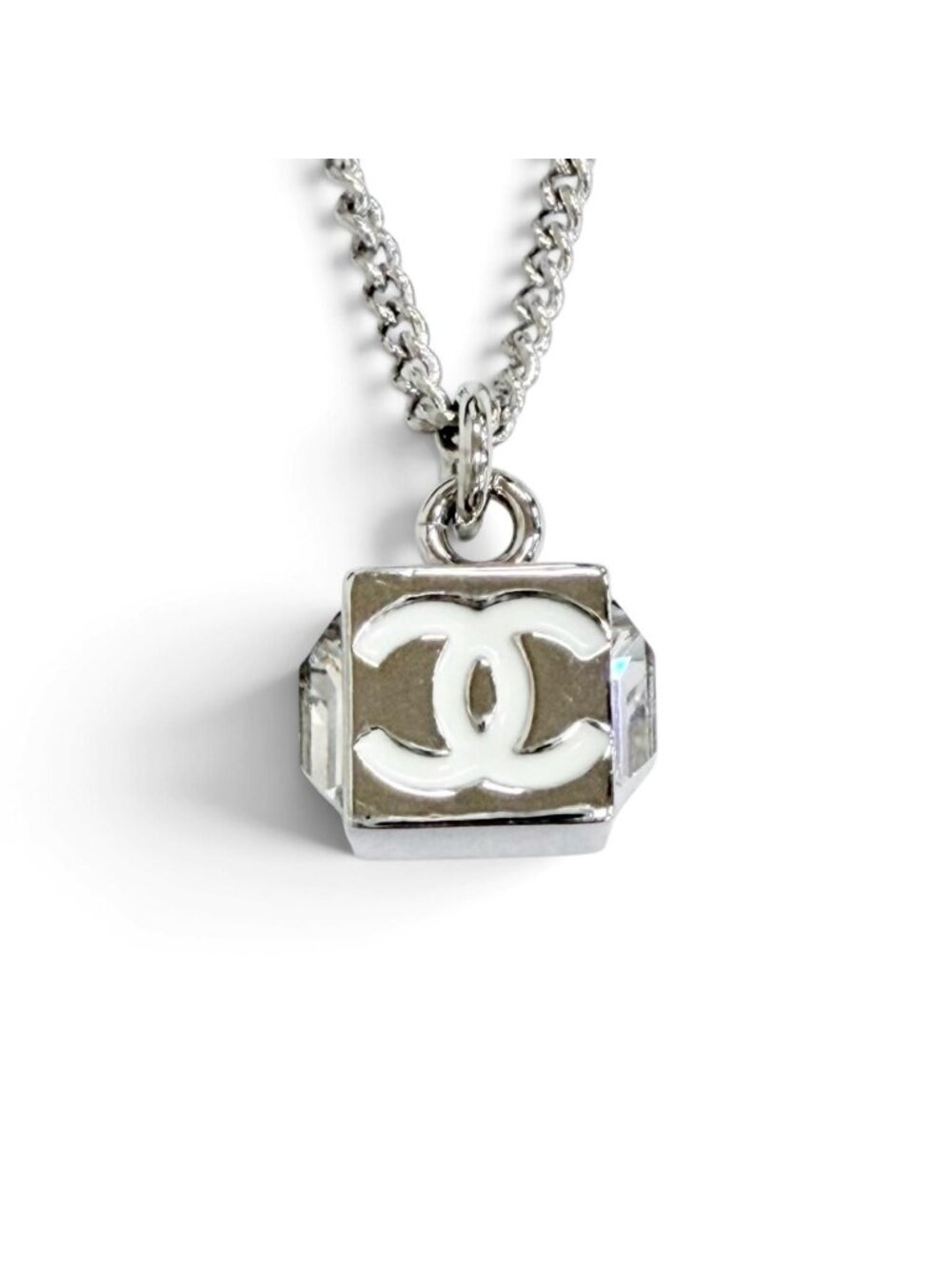 Chanel CC Logo Crystal Cube Pendant Silver